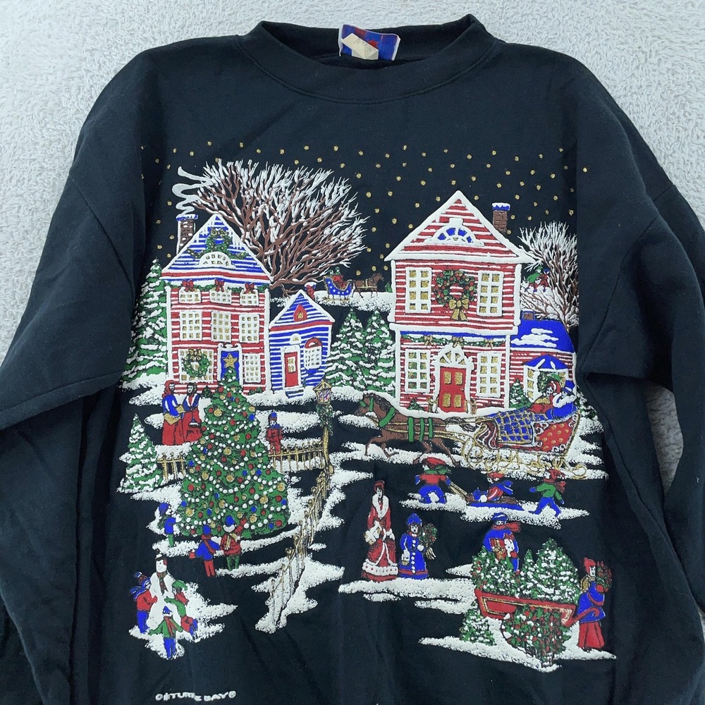 Vintage Christmas Art Turtle Bay‎ Sweatshirt Mens M/L Snow Village Crewneck 90s